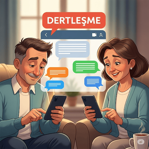 Yazismali-Anonim-Dertlesme-ve-Sohbet - Dertleşme Sitesi | Sohbet, Chat Odaları ve Mobil Sohbet Orta yaşlı bir erkek ve kadının telefonla yazışarak online dertleşme ve sohbet etmesi konulu karikatür.