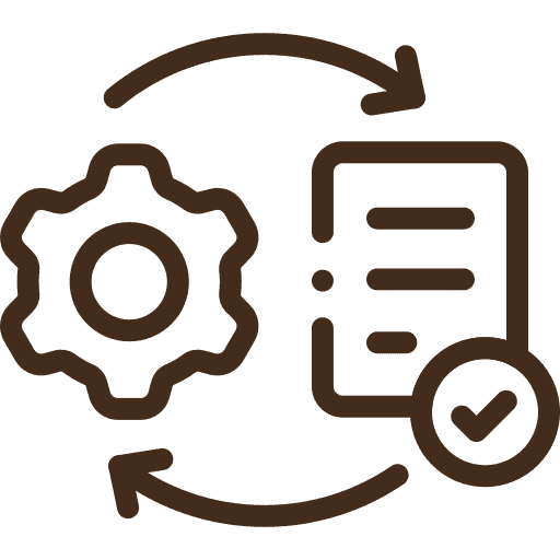 Line art icon of a gear, document, checkmark, and circular arrows representing process automation and workflow management.