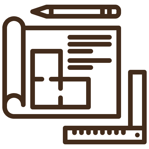 Line art icon of a floor plan with a pencil and ruler, representing architectural design or planning.