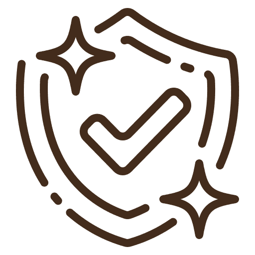 Line art icon of a shield with a checkmark and sparkles, symbolizing security, protection, and trust.