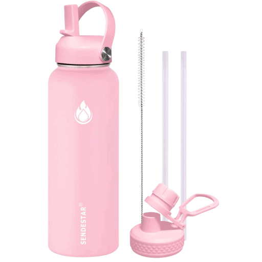 SENDESTAR water bottle 40oz stainless steel vacuum insulated bottle with straw lid and spout lid, displayed on a rock near a lake, perfect for outdoor sports and travel.