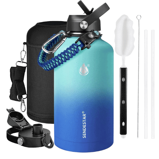 SENDESTAR water bottle 128oz one gallon stainless steel vacuum insulated jug, featuring triple wall insulation, paracord handle, and dual straw and spout lids for large capacity hydration.