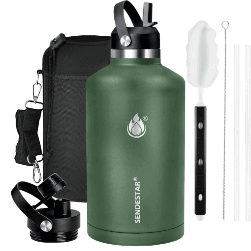 SENDESTAR water bottle 64oz half gallon stainless steel vacuum insulated jug, featuring triple wall construction and versatile straw and spout lids, designed for long-lasting cold hydration.