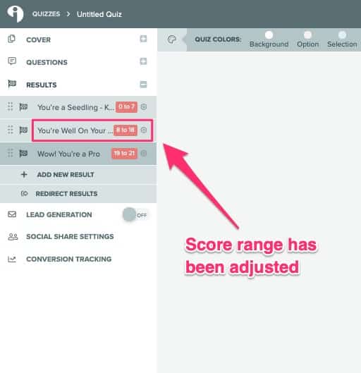 lead generation quiz - 13 adjusting the score range in Interact quiz maker