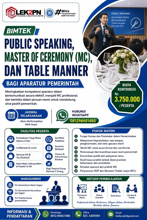 Bimtek Public Speaking, Master of Ceremony (MC), dan Table Manner bagi Aparatur Pemerintah