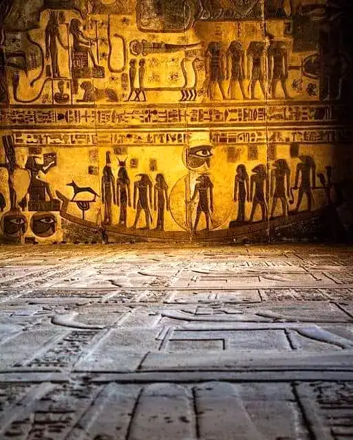 Sacred wall and floor reliefs inside the Temple of Esna