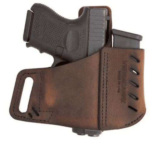 Leather pistol holster in brown leather with a compact black semi-automatic handgun partially visible in the opening.