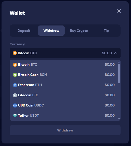 Duel.com withdrawal page showing available cryptocurrency payment methods
