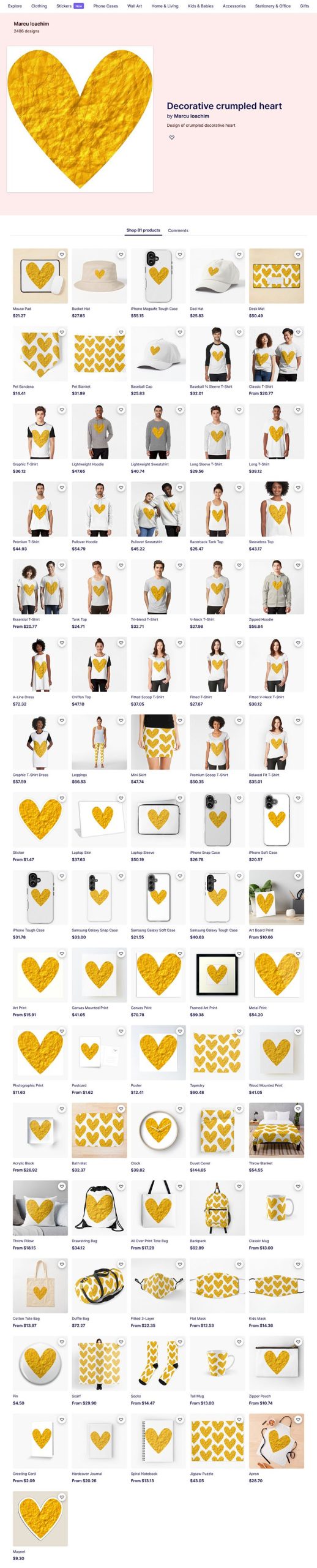 Decorative crumpled heart on various products.