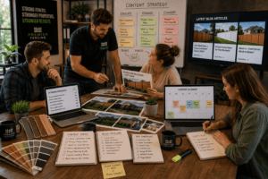 Marketing team creating SEO content about fence installation, fencing materials, and home improvement
