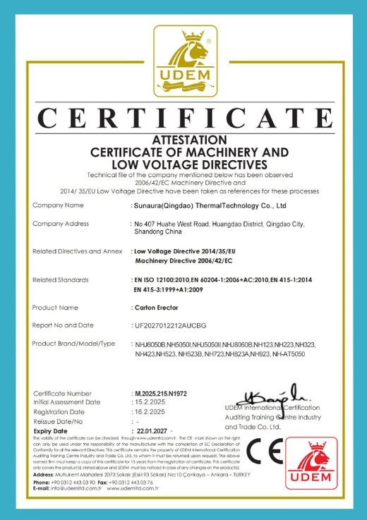 CE certificate for SunAura carton sealing machine series, issued by UDEM, valid to 2027