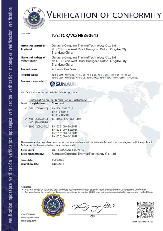 ICR CE certificate for SunAura packaging machinery