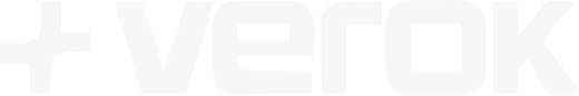 The official VEROK logo in white, consisting of the cross isotype on the left and the brand name in an industrial typeface.