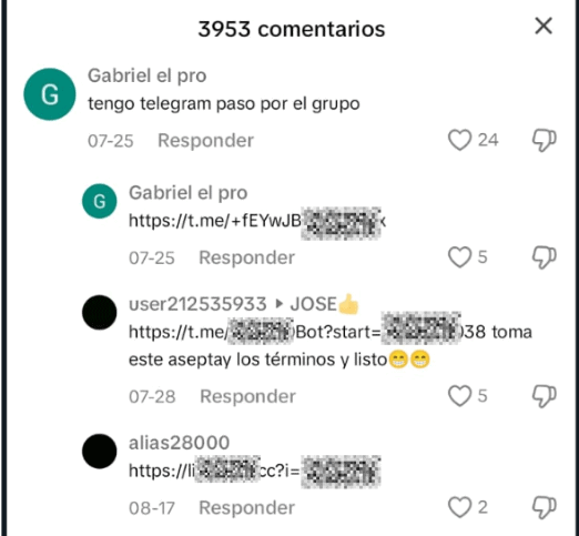 Algunos tuits que usan el hashtag llegan a tener alrededor de 50 mil visualizaciones. Y en TikTok las “palabras clave” aparecen en la descripción y los comentarios del video, donde otros usuarios comparten enlaces a Telegram. 