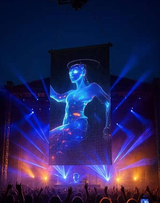 Hovering flying LED screen showing artistic blue figure performance at nighttime concert