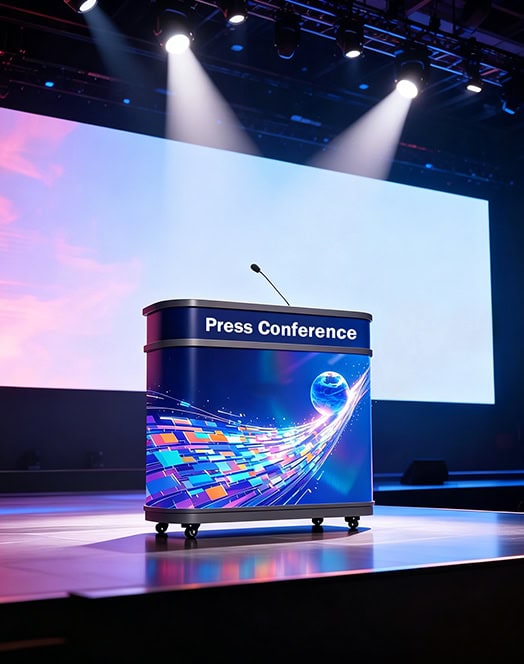 Fronta Series Front Desk LED Display used as press conference podium