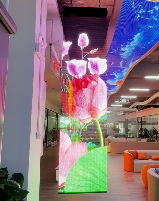InviAir Holographic LED Screen in modern showroom - large-scale tulip display creating immersive brand experience