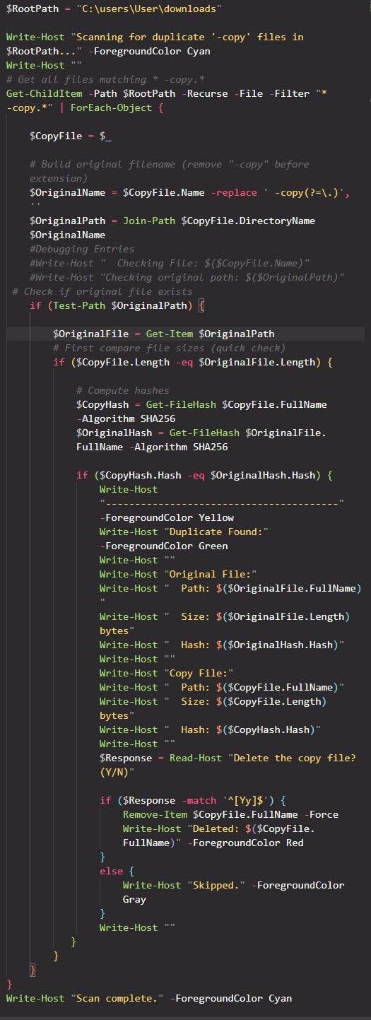 Powershell script example to delete accidentally created duplicate files