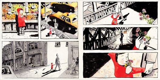 two-page spread from JonArno Lawson & Sidney Smith, Sidewalk Flowers (2015)