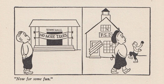 Crockett Johnson, "Taxless Town, part 1" from Constance J. Foster, This Rich World: The Story of Money (1943)
