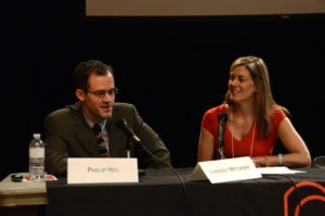 Philip Nel in conversation with Bank Street archivist Lindsey Wyckoff. Photo by Samantha Kelly. 