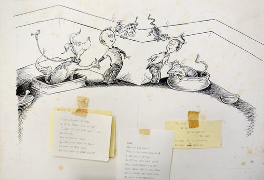 A story board complete with typewritten notes taped from the Dr. Seuss book, "The Pet Store" (UCSD)