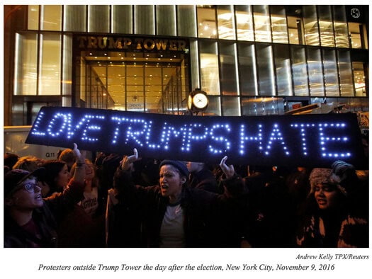 Protesters outside Trump Tower the day after the election, New York City, November 9, 2016