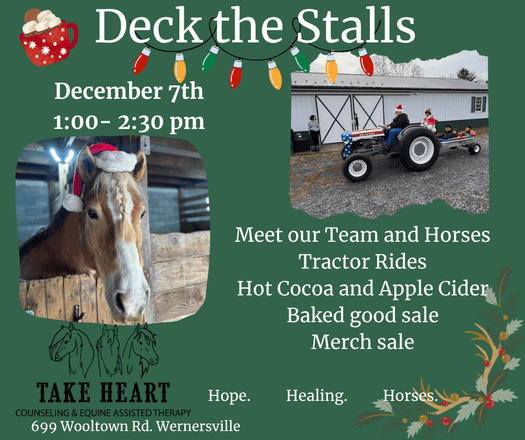 Event flyer featuring a horse in a Santa hat and people on a tractor with holiday decorations.