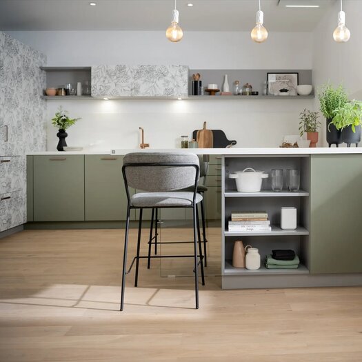 Schmidt Print kitchen in sage green with breakfast bar seating - Schmidt Swansea