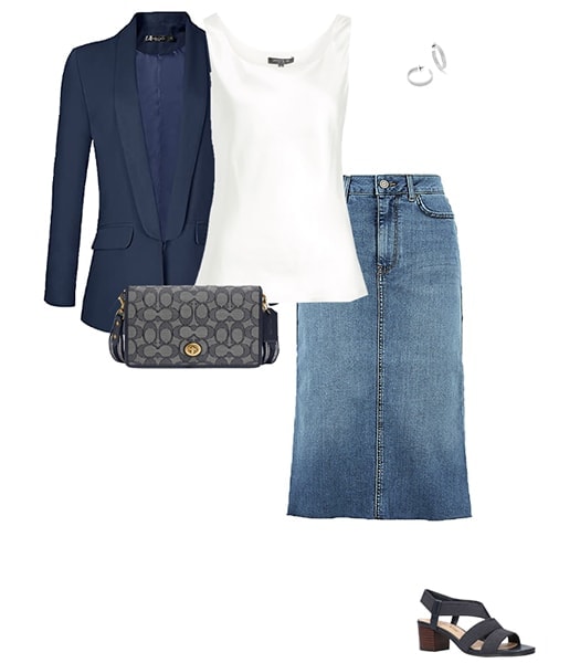 Wearing a denim skirt with a blazer | 40plusstyle.com