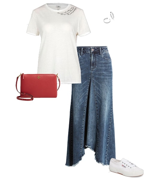Denim skirt and sneakers outfit | 40plusstyle.com
