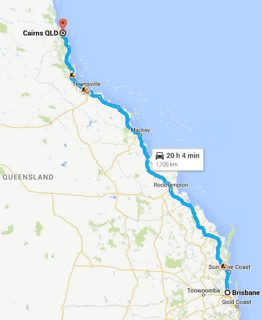 How long does it take to drive from Brisbane to Cairns? 1705KMS / 1060 MILES ~ 20 HOURS & 40 mins
