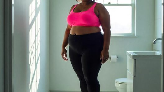 Kräftige Frau mit Sportdress auf Waage im Badezimmer