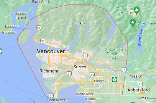 Contact MetroWest Plumbing service area map showing coverage across Vancouver, Burnaby, and surrounding cities