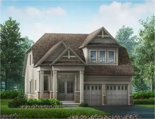 Exterior rendering of a luxury 40-foot single detached bungalow at Serene at Belmont, featuring a stone and stucco facade, a 2-car garage, and a covered front entry.