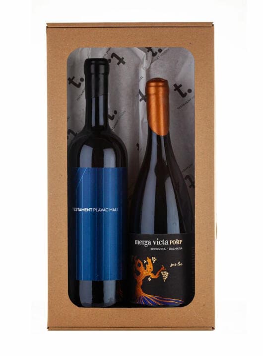 Pripremili smo premium Božićni poklon paket vina  u poklon pakiranju, uštedite kupovinom paketa koji sadrži Testament Plavac Mali i Merga Victa Pošip Sur Lie.