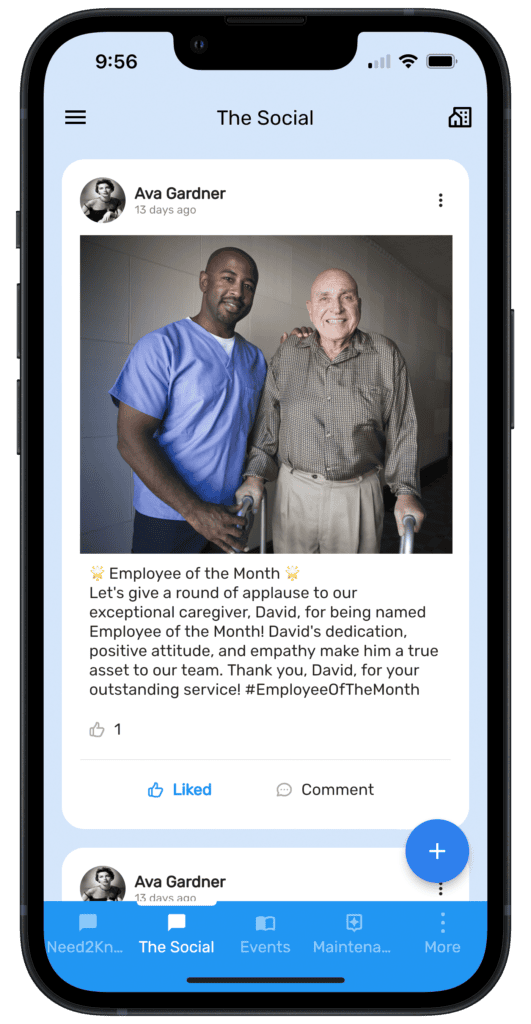 A smiling care delivery employee standing beside a smiling senior