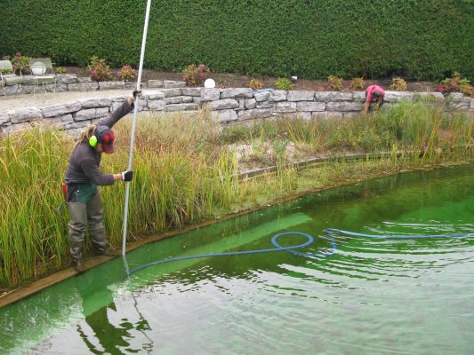 Mitarbeiter bei der Teichpflege