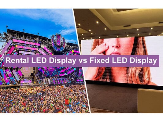 Before-and-after style comparison of rental LED display for events and fixed LED display for permanent installations