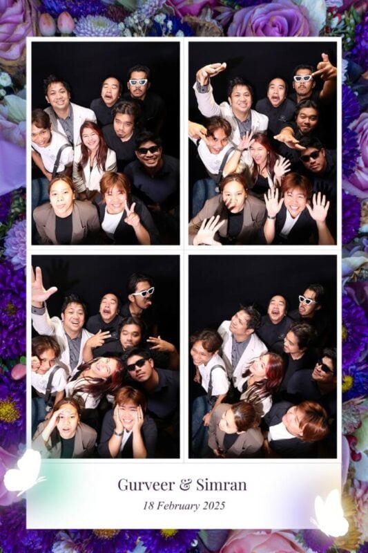 Four-shot top view photo booth print of a big group in a purple floral wedding frame