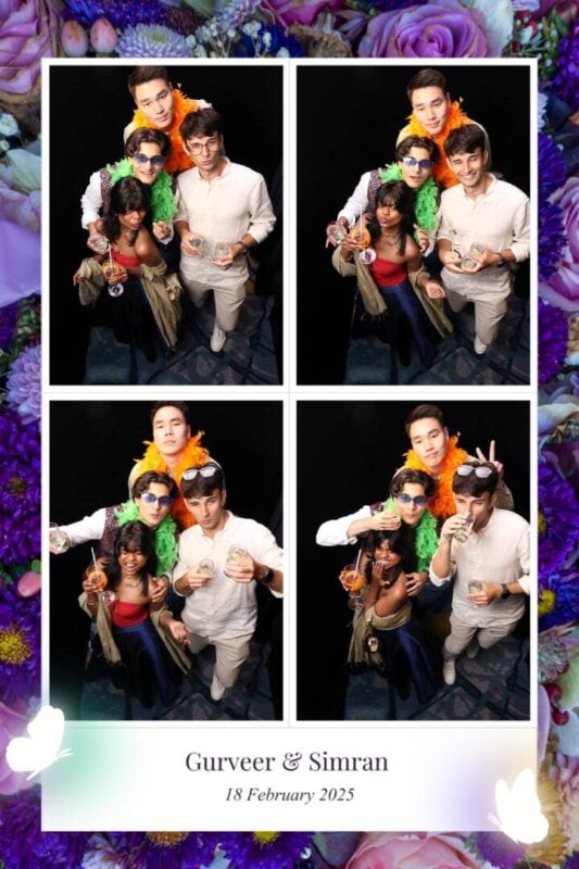 Top view photo booth wedding print with four overhead shots in a purple floral frame with the couple's names