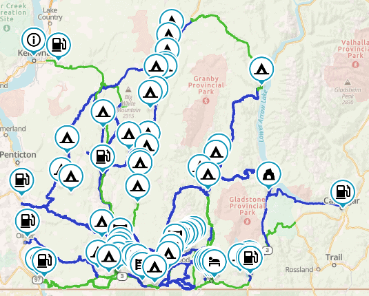 Gaia map of the Kootenay Boundary motorcycle routes