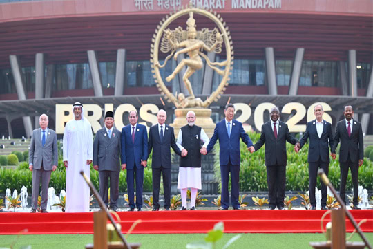 PM in a group photograph with BRICS leaders on the sidelines of the 18th BRICS Summit at Bharat Mandapam, in New Delhi on September 12, 2026.