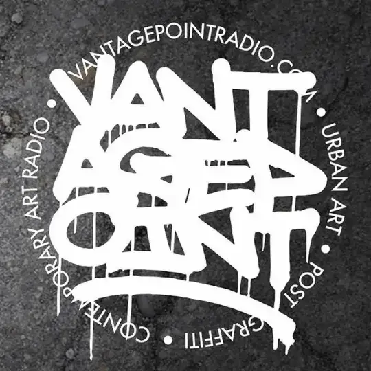 A logo for "Vantage Point Radio" featuring bold, white graffiti-style text that reads "Vantage Point," with paint drips for an urban aesthetic. The text is enclosed within a circular border containing the phrases "vantagepointradio.com," "Urban Art," "Post-Graffiti," and "Contemporary Art Radio," separated by small dots. The background is a textured, dark concrete surface, emphasizing the street art theme.