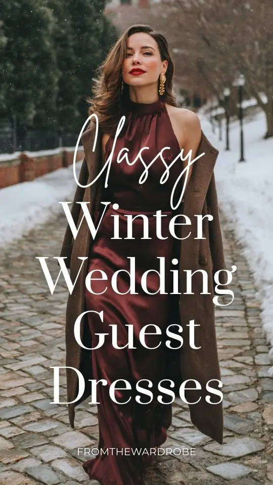 A woman wears a high-neck burgundy satin winter wedding guest dress with a low back and a fitted silhouette