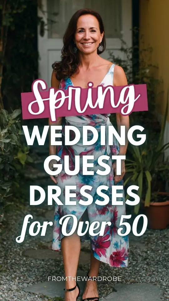 a full body of woman over 50 wears a spring wedding guest dress, wedding setting