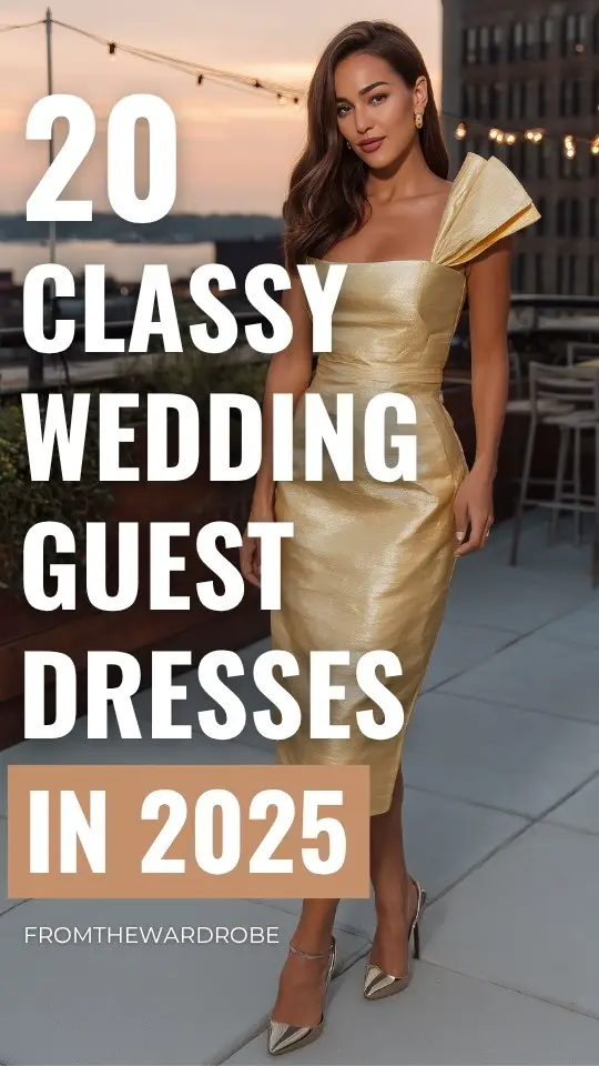 a woman wears a classy satin fitted wedding guest dress and matching heels