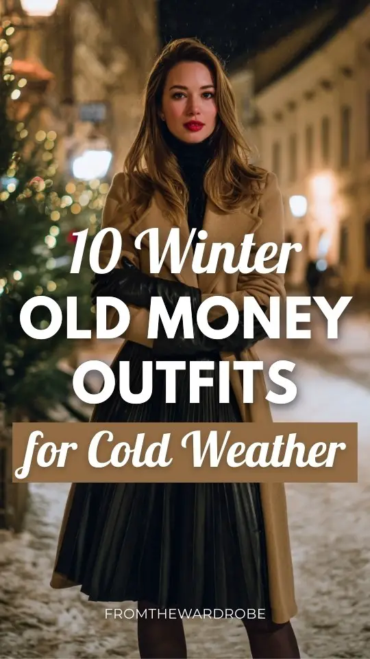 A classy woman wears a winter old money outfit with a skirt with a camel wrap coat and leather gloves for cold weather