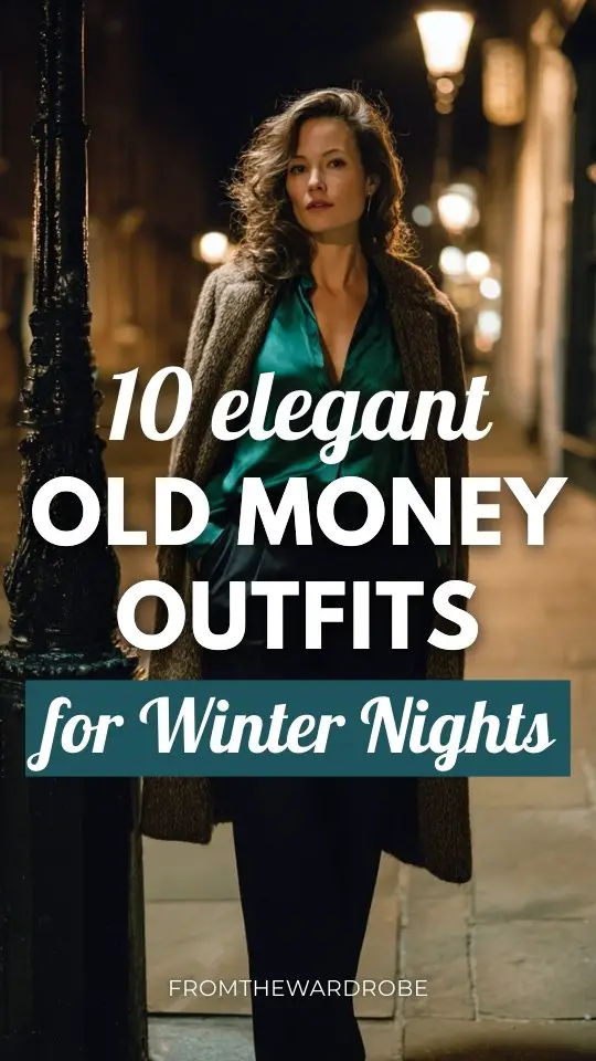 A stylish woman over 30 wears an old money outfit with a deep emerald satin blouse tucked into tailored black trousers, layered with a long wool coat for a winter night