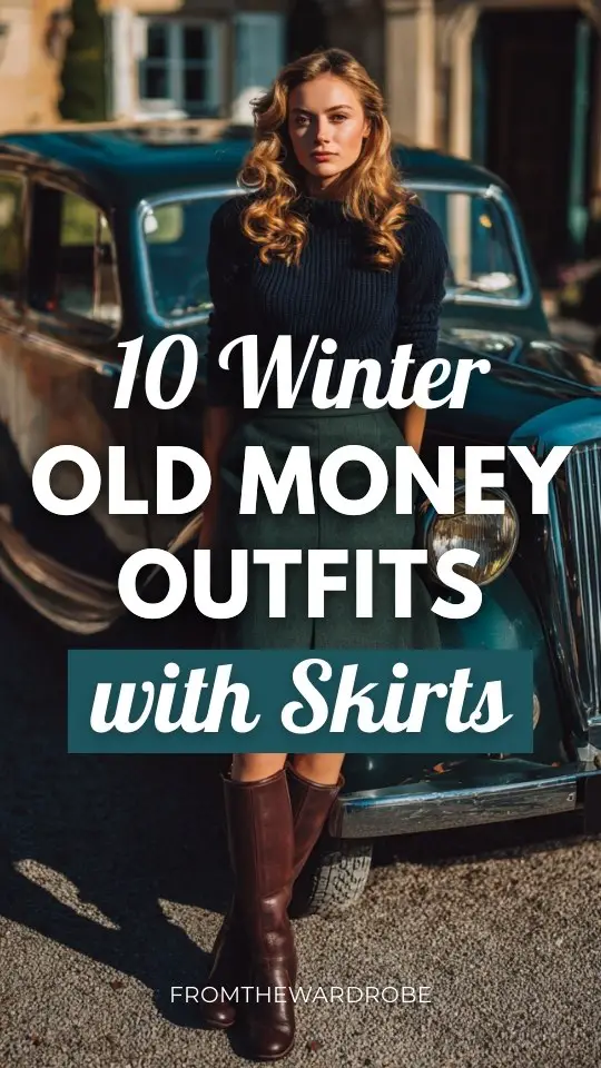 A stylish woman wears an old money outfit with a skirt with a navy cashmere sweater and riding boots